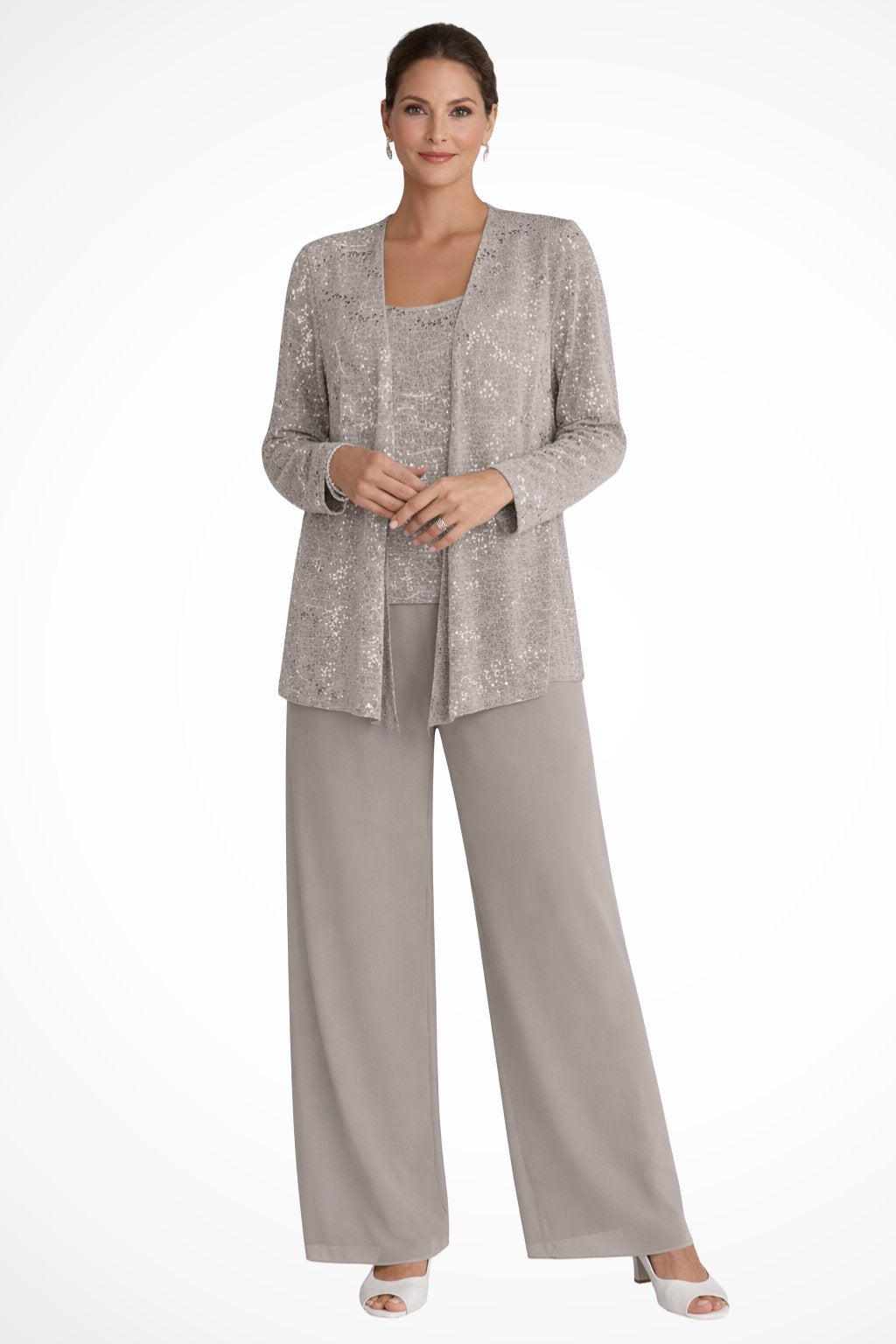 Women's Sequin Embellished Three-Piece Wide-Leg Trouser Set - Beige