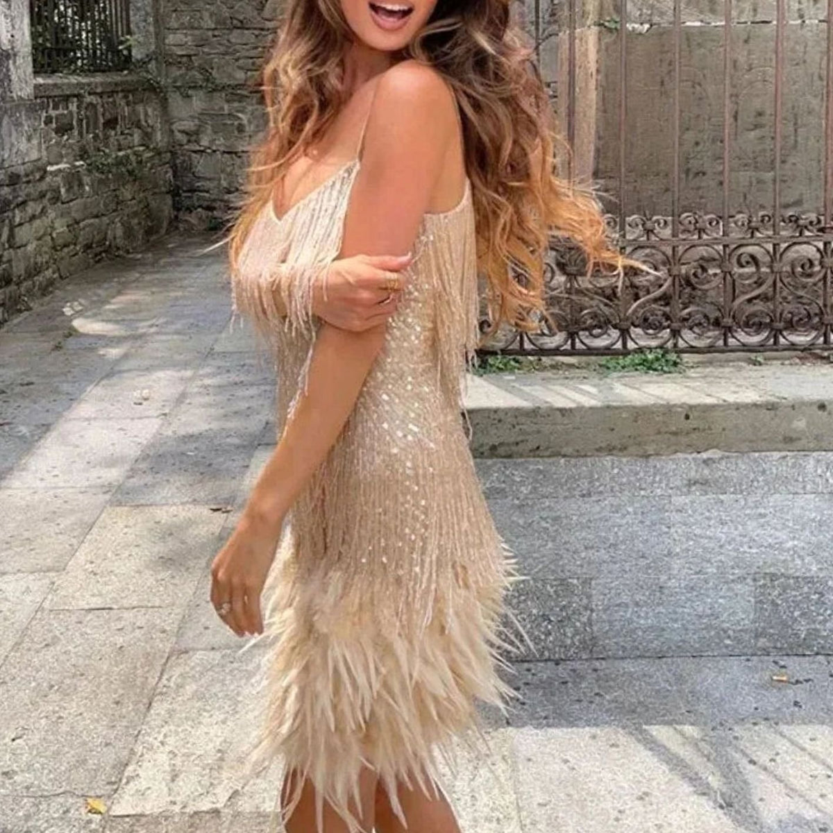 Women's Sequin Feather-Trim Spaghetti-Strap Evening Mini Party Dress