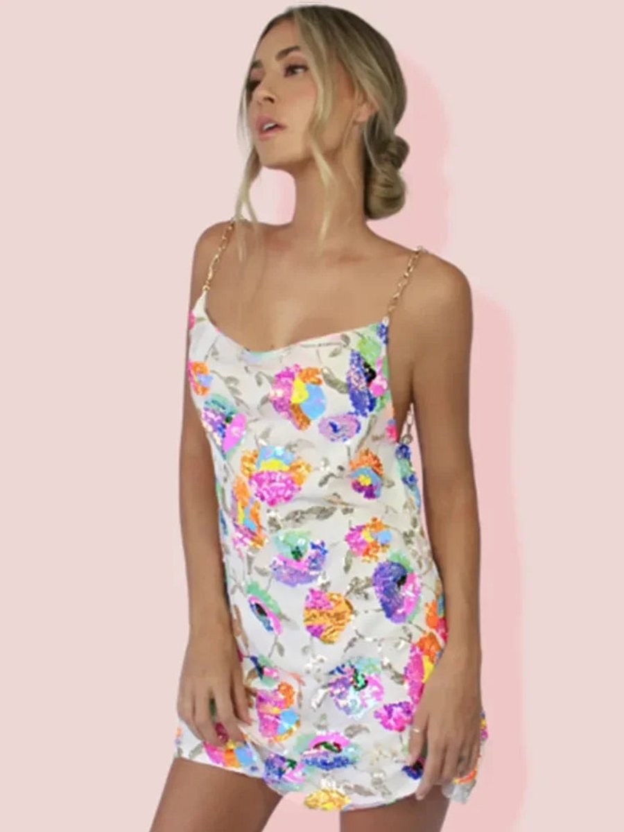 Women's Sequin Floral Mini Party Dress Chain Spaghetti Strap