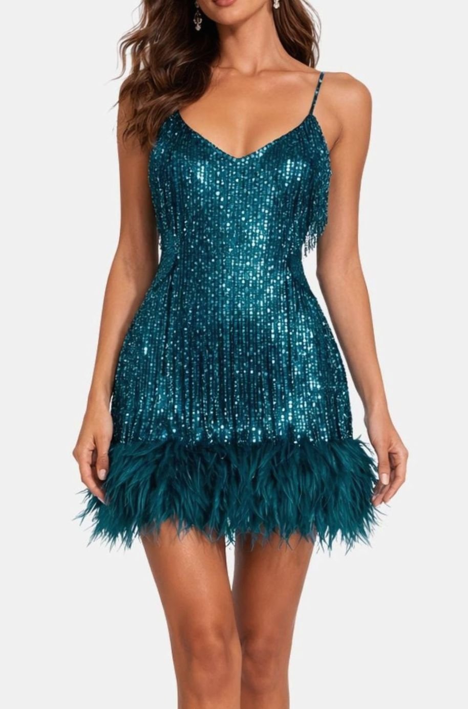Women's Sequin Fringe Feather-Hem Mini Party Dress