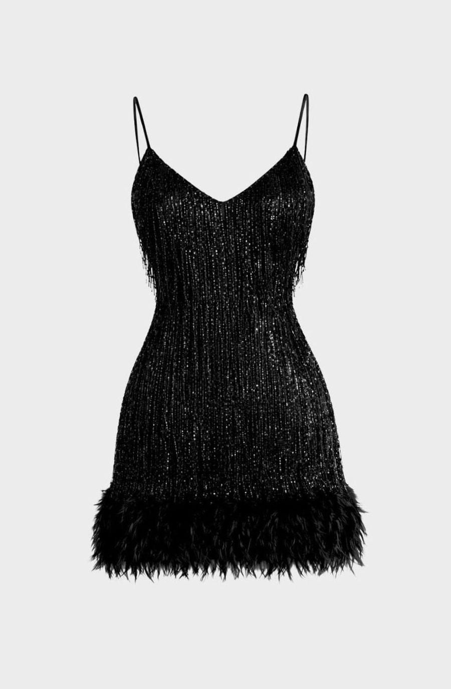 Women's Sequin Fringe Feather-Hem Mini Party Dress - Black