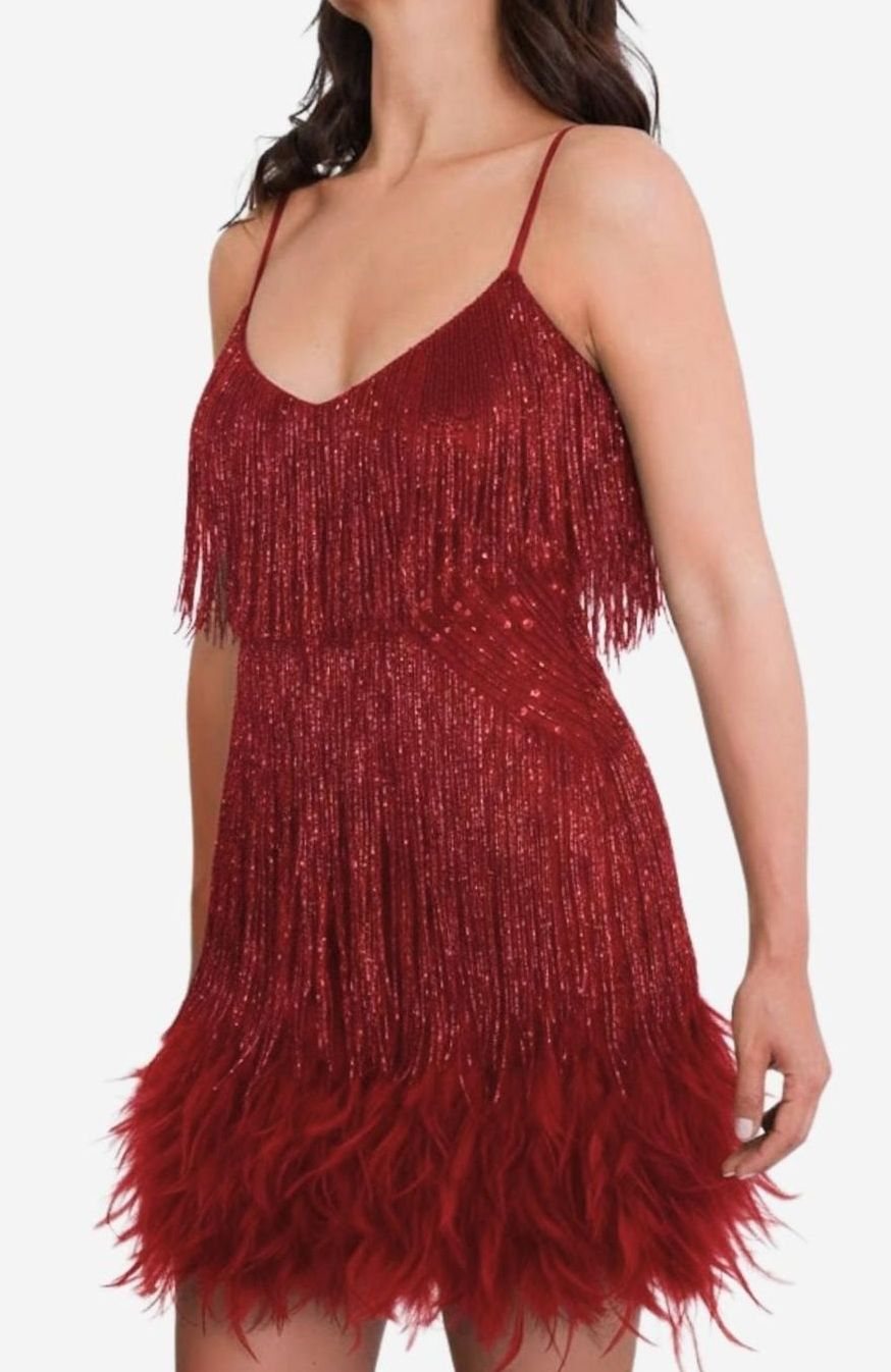 Women's Sequin Fringe Feather-Hem Mini Party Dress