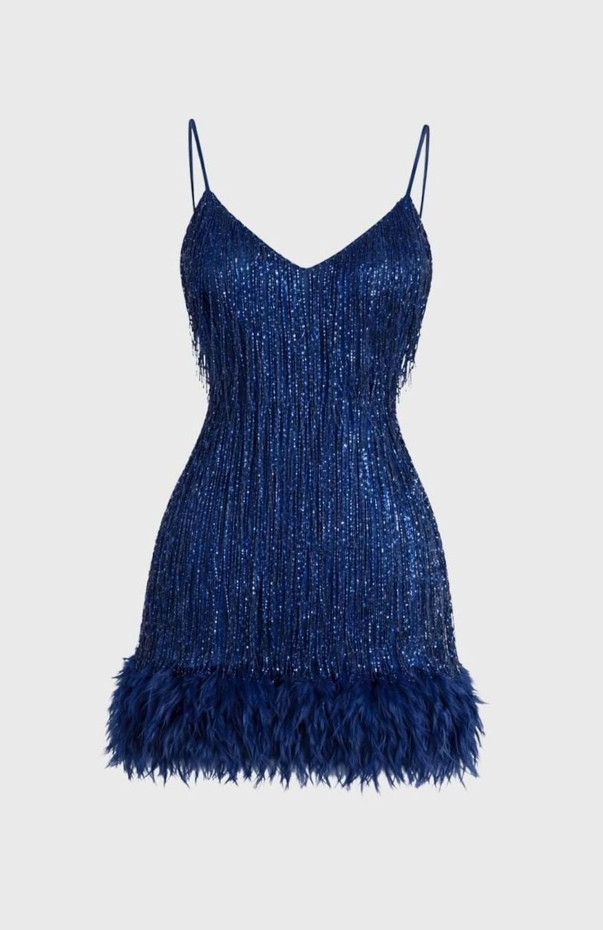 Women's Sequin Fringe Feather-Hem Mini Party Dress - Blue