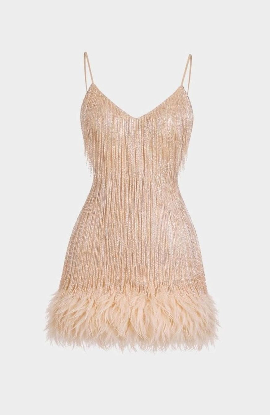 Women's Sequin Fringe Feather-Hem Mini Party Dress - Rose Gold