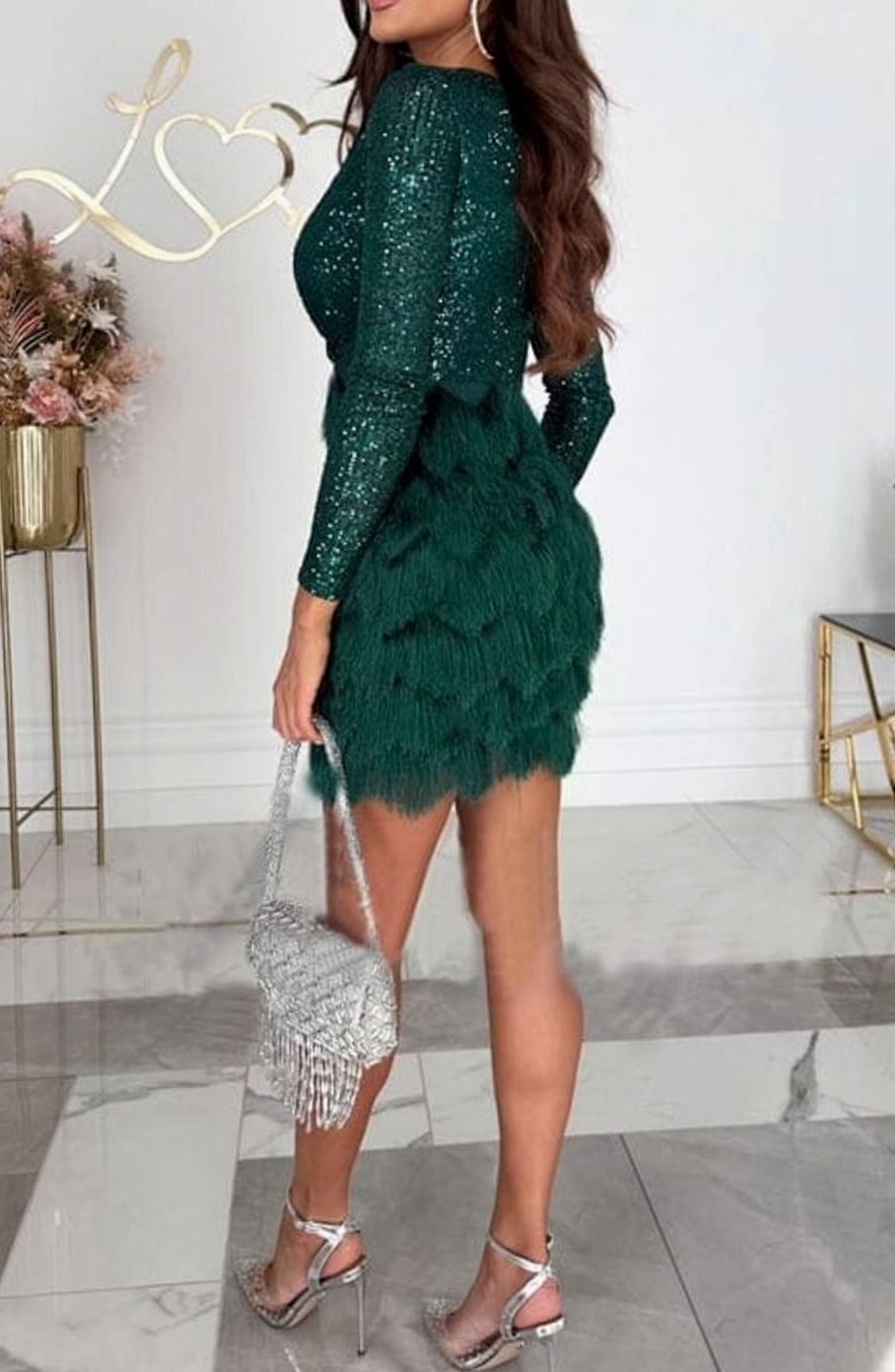 Women's Sequin Fringe Mini Christmas Party Dress