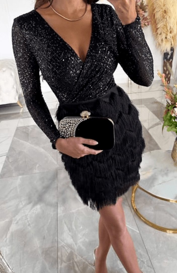 Women's Sequin Fringe Mini Christmas Party Dress - Black