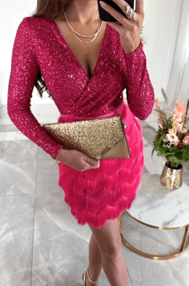 Women's Sequin Fringe Mini Christmas Party Dress