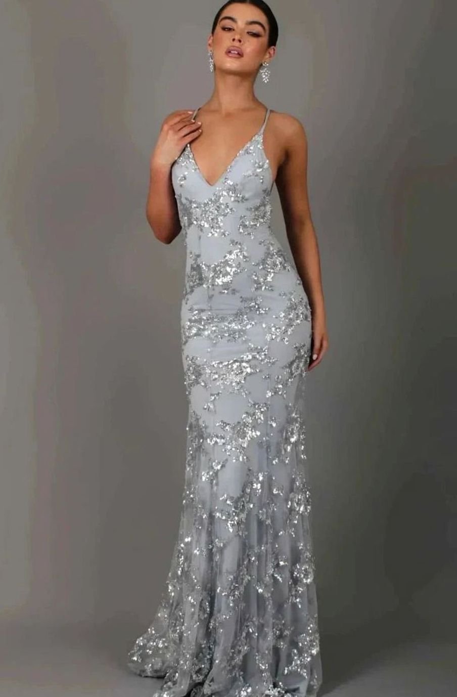 Women's Sequin Mermaid Maxi Christmas Party Dress Spaghetti Strap V-Neck - Grey