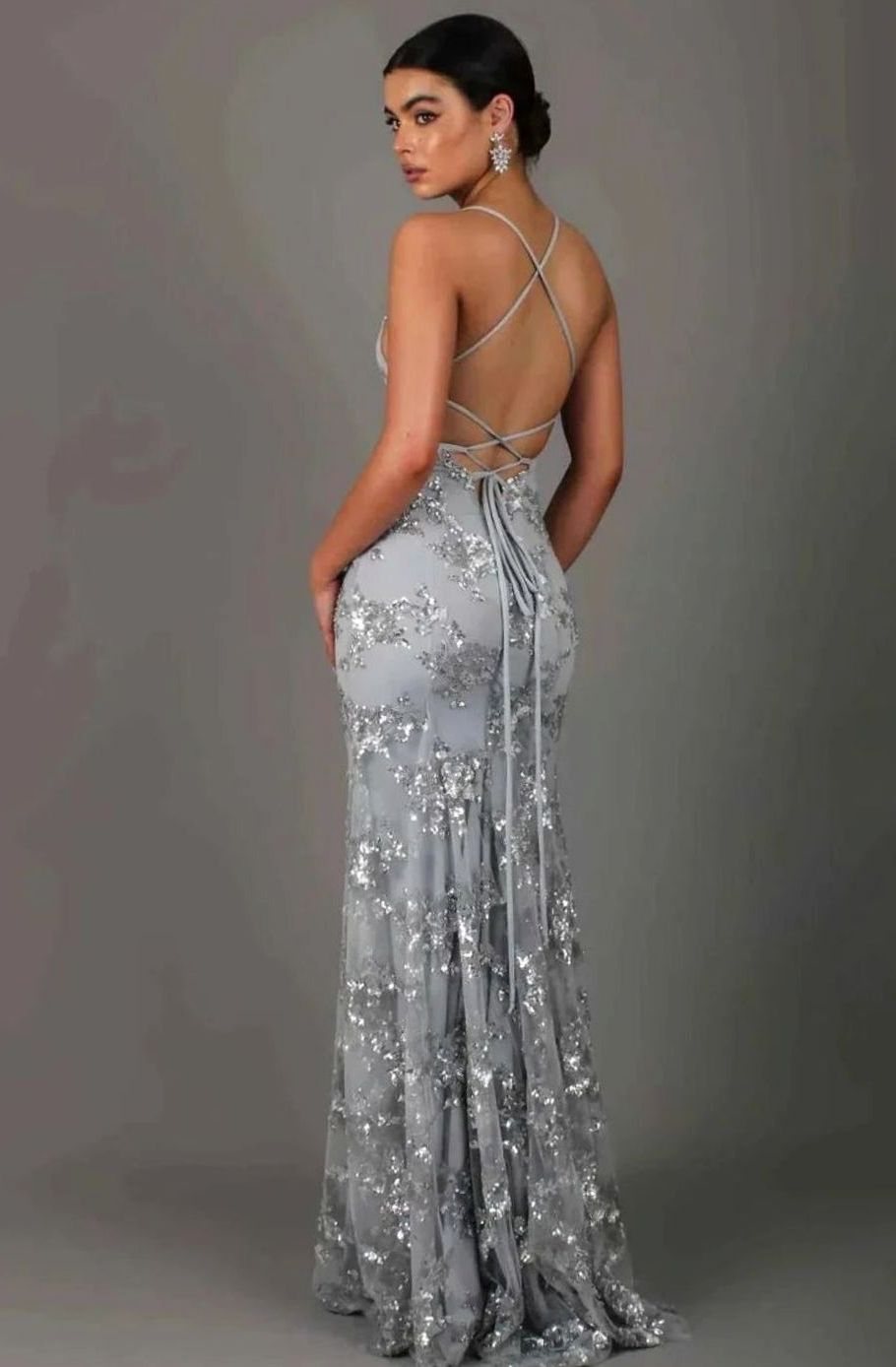 Women's Sequin Mermaid Maxi Christmas Party Dress Spaghetti Strap V-Neck