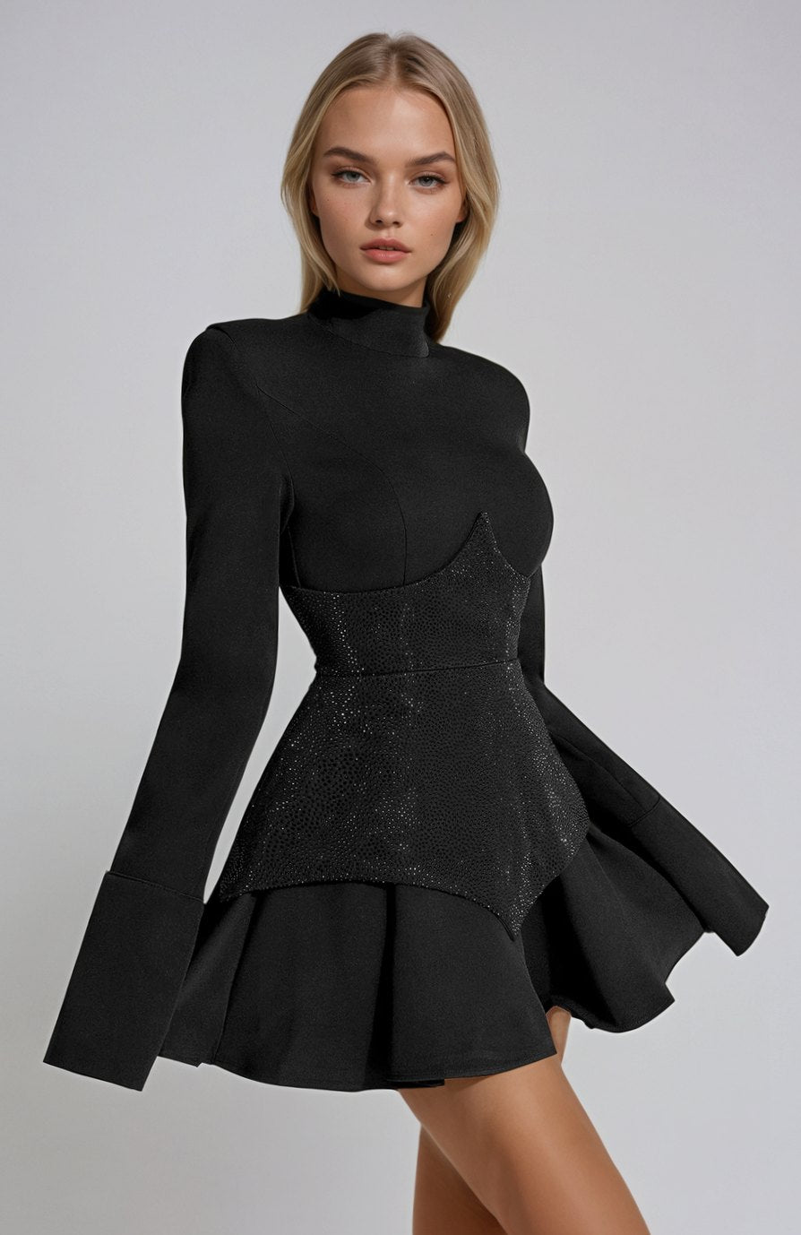 Women's Sequin Mini Cocktail Dress Mock-Neck Long Bell Sleeve