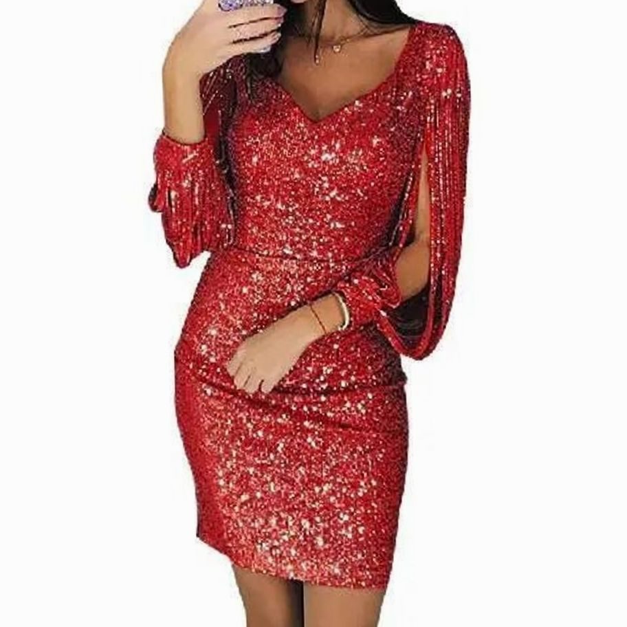 Women's Sequin Mini Dress Long Split-Sleeve Bodycon Party Dress - Red
