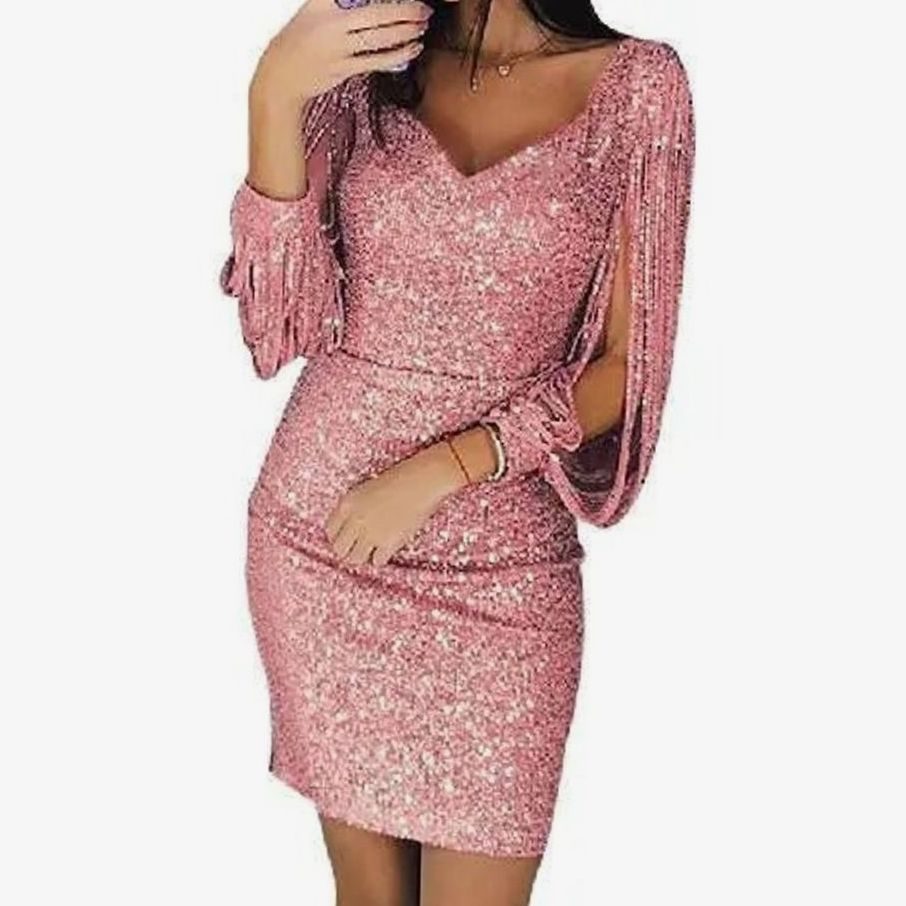 Women's Sequin Mini Dress Long Split-Sleeve Bodycon Party Dress - Pink
