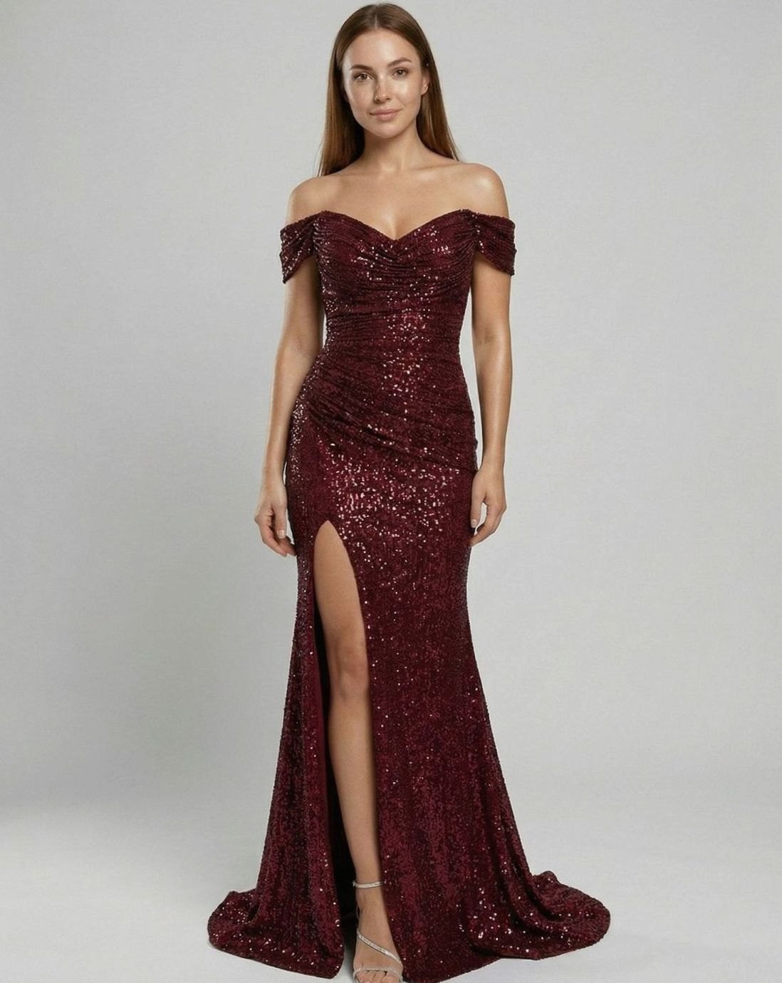 Women's Sequin Off-Shoulder Maxi Christmas Party Dress Thigh Slit - Burgundy