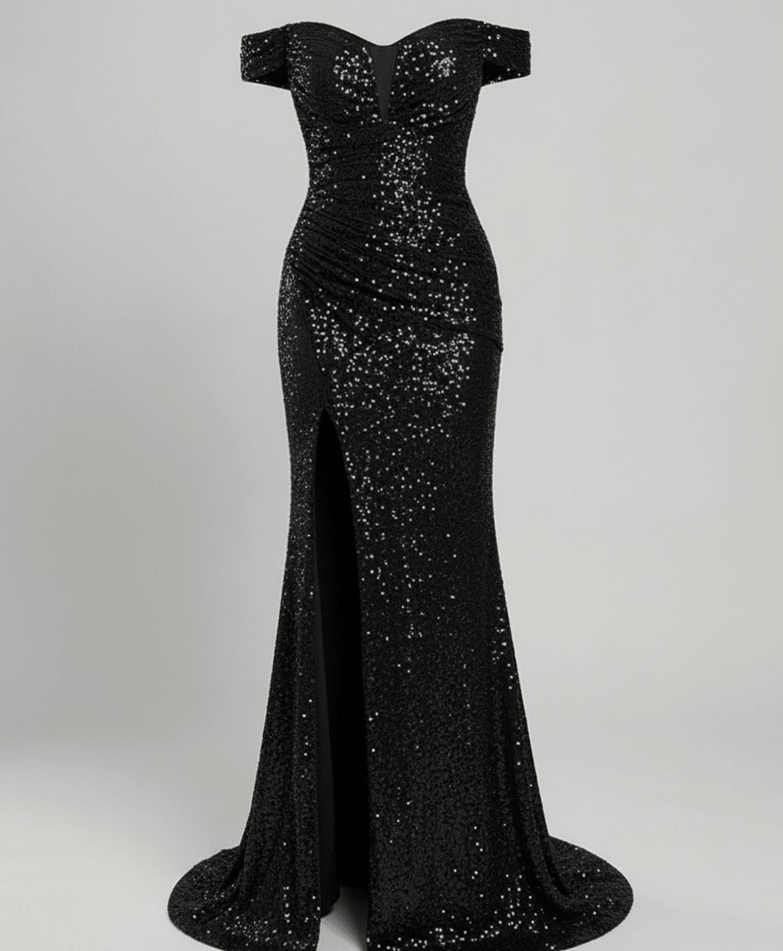 Women's Sequin Off-Shoulder Maxi Christmas Party Dress Thigh Slit - Black