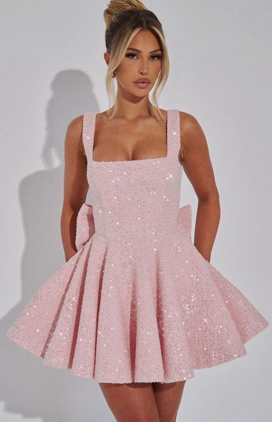 Women's Sequin Square-Neck Flared A-Line Short Party Dress - Pink