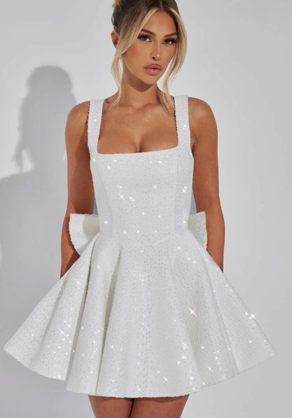 Women's Sequin Square-Neck Flared A-Line Short Party Dress - White