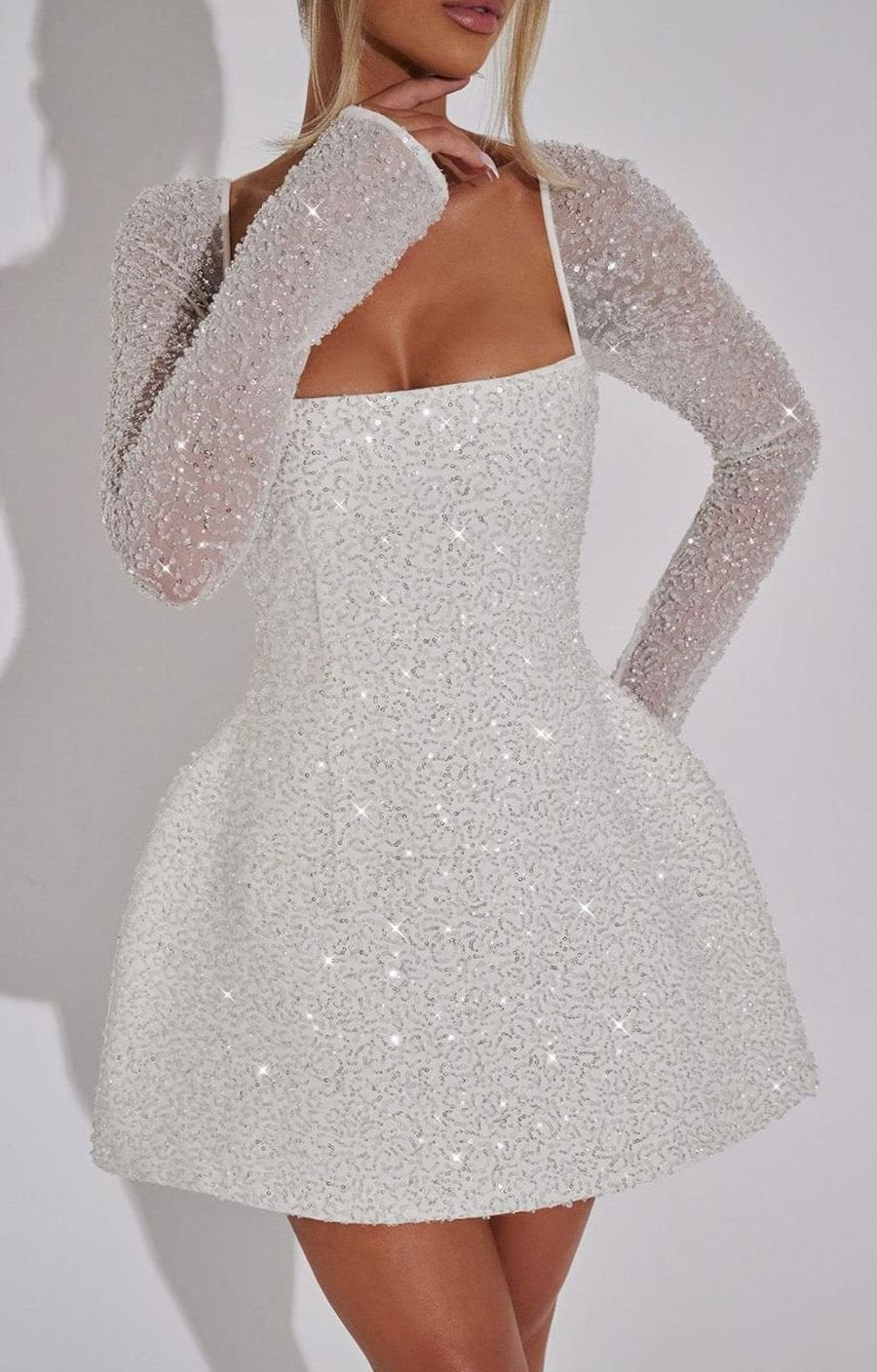 Women's Sequin Square-Neck Long-Sleeve Mini Christmas Party Dress