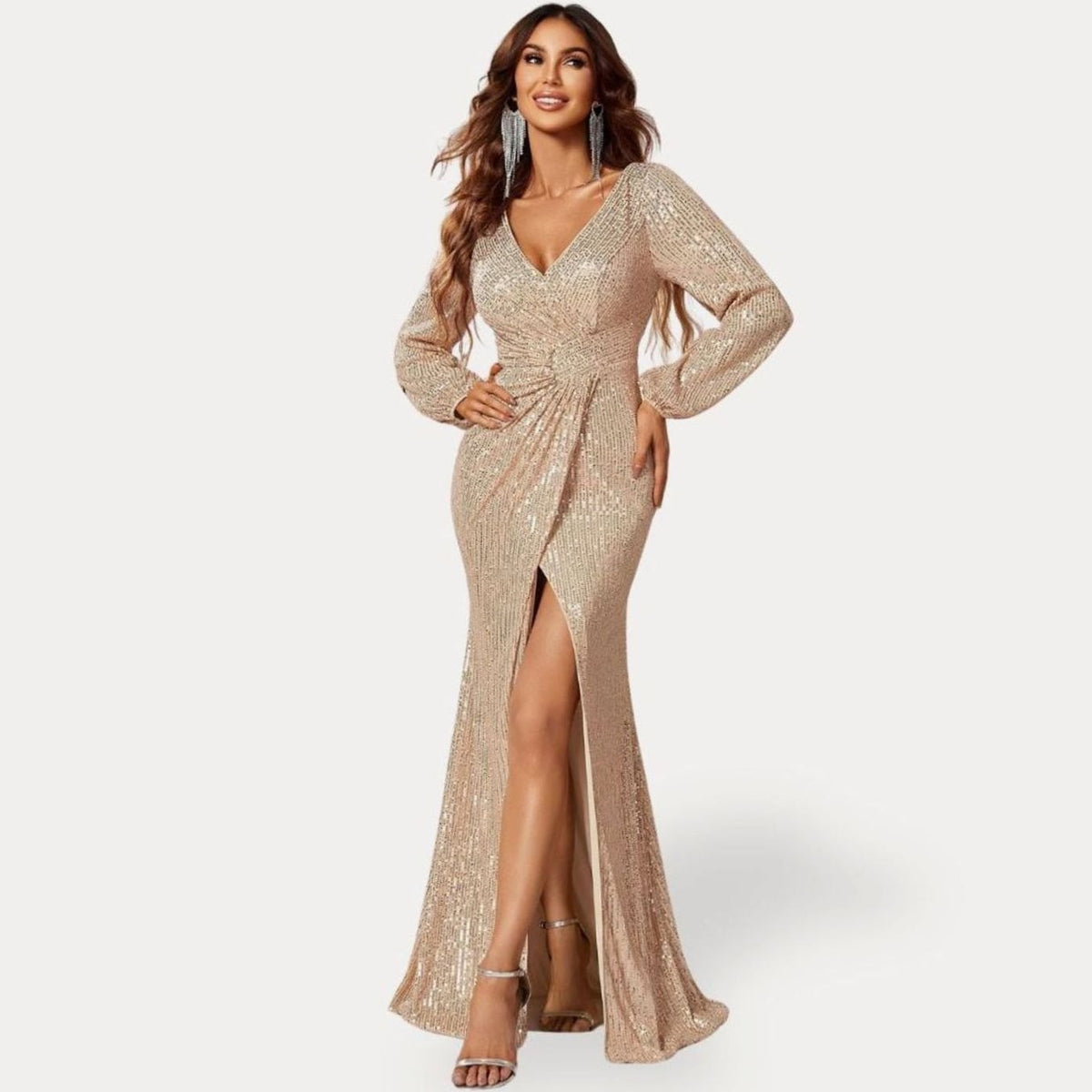Women's Sequin V-Neck Long Sleeve Maxi Christmas Party Dress - Gold
