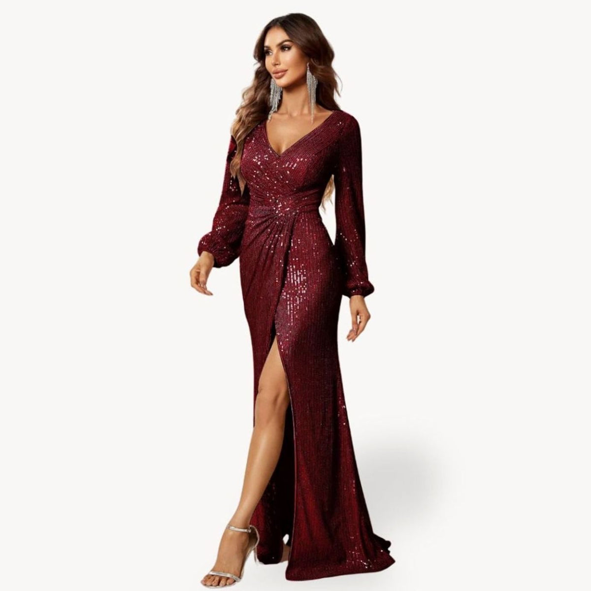 Women's Sequin V-Neck Long Sleeve Maxi Christmas Party Dress - Red