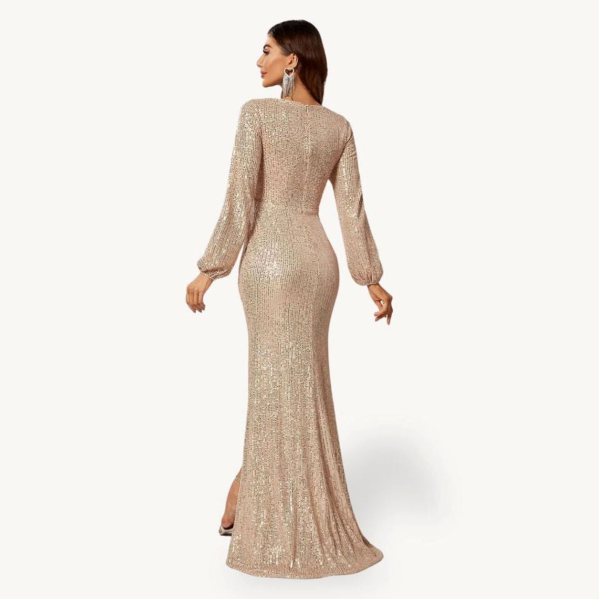 Women's Sequin V-Neck Long Sleeve Maxi Christmas Party Dress