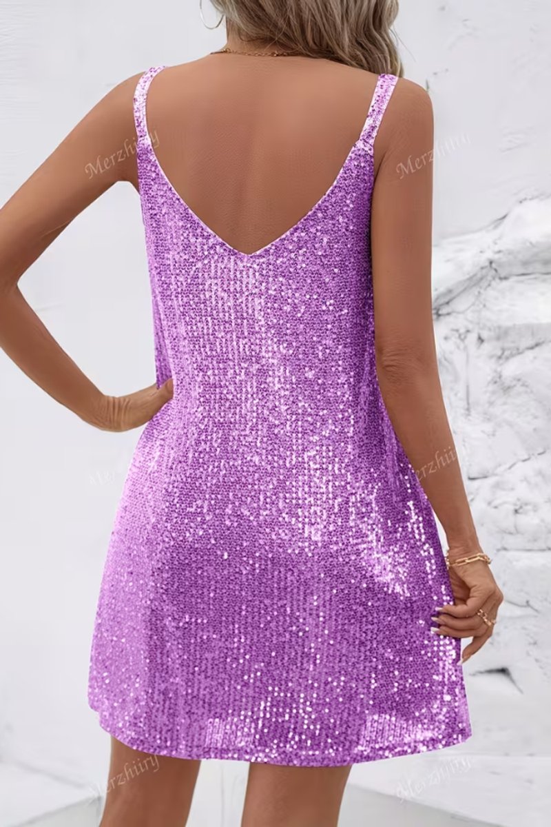 Women's Sequin V-Neck Sleeveless Mini Evening Gown Party Dress