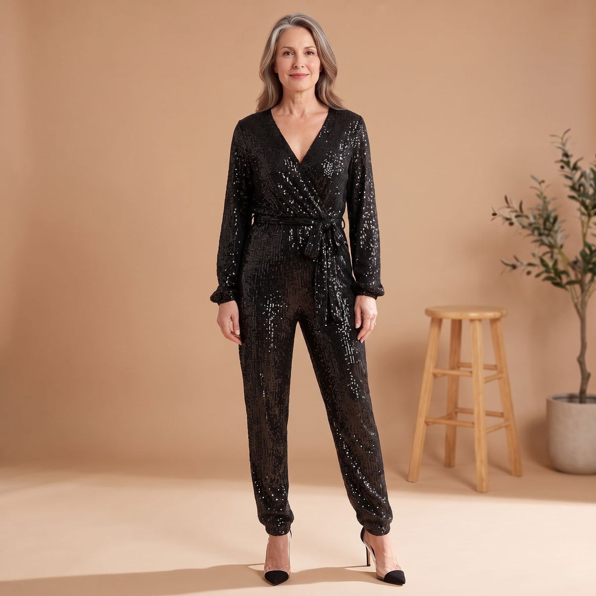 Women's Sequin V-Neck Tie-Waist Long-Sleeve Jumpsuit