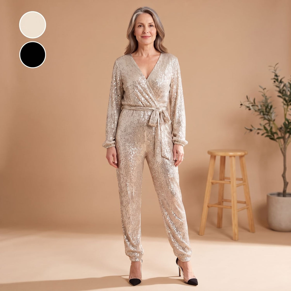 Women's Sequin V-Neck Tie-Waist Long-Sleeve Jumpsuit