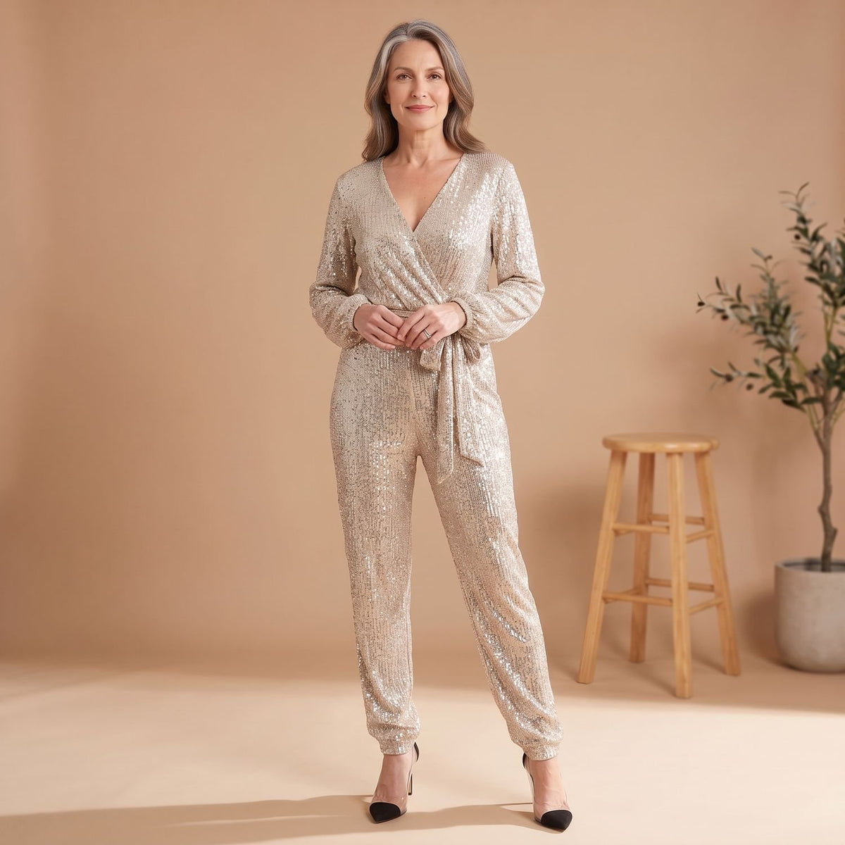 Women's Sequin V-Neck Tie-Waist Long-Sleeve Jumpsuit