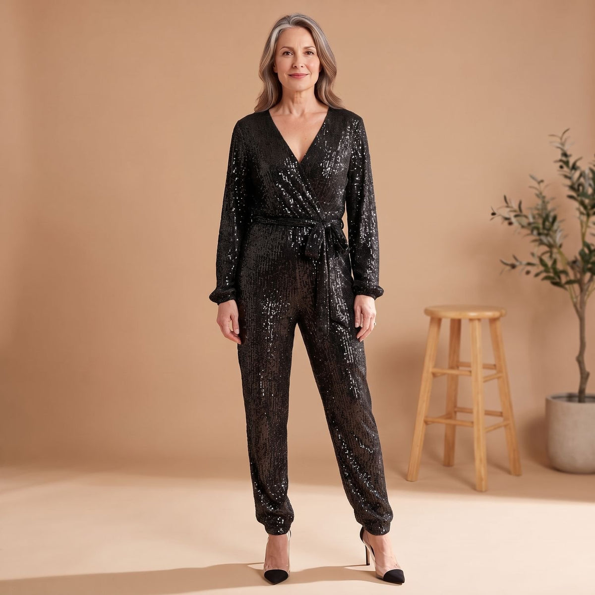 Women's Sequin V-Neck Tie-Waist Long-Sleeve Jumpsuit
