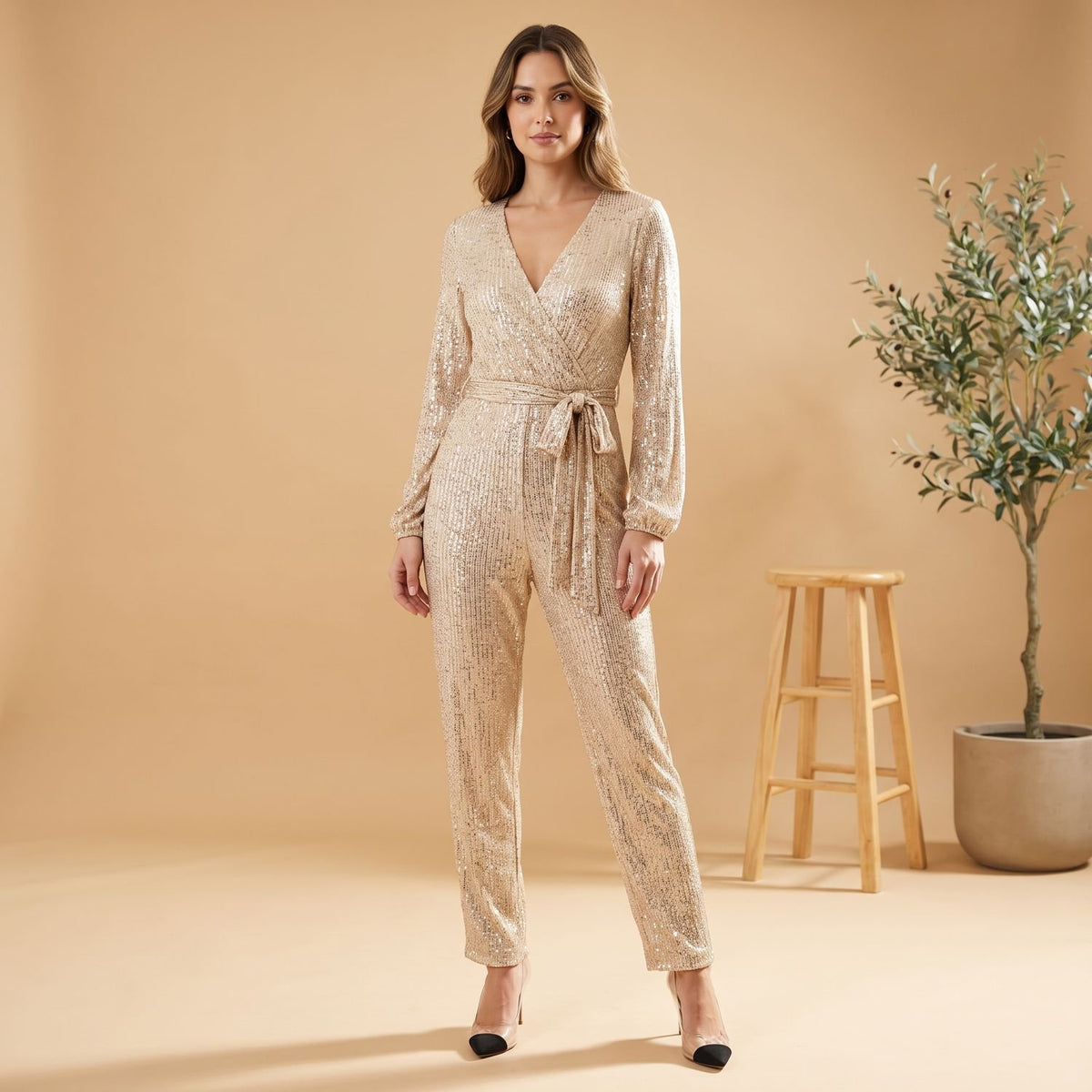 Women's Sequin V-Neck Tie-Waist Long-Sleeve Jumpsuit