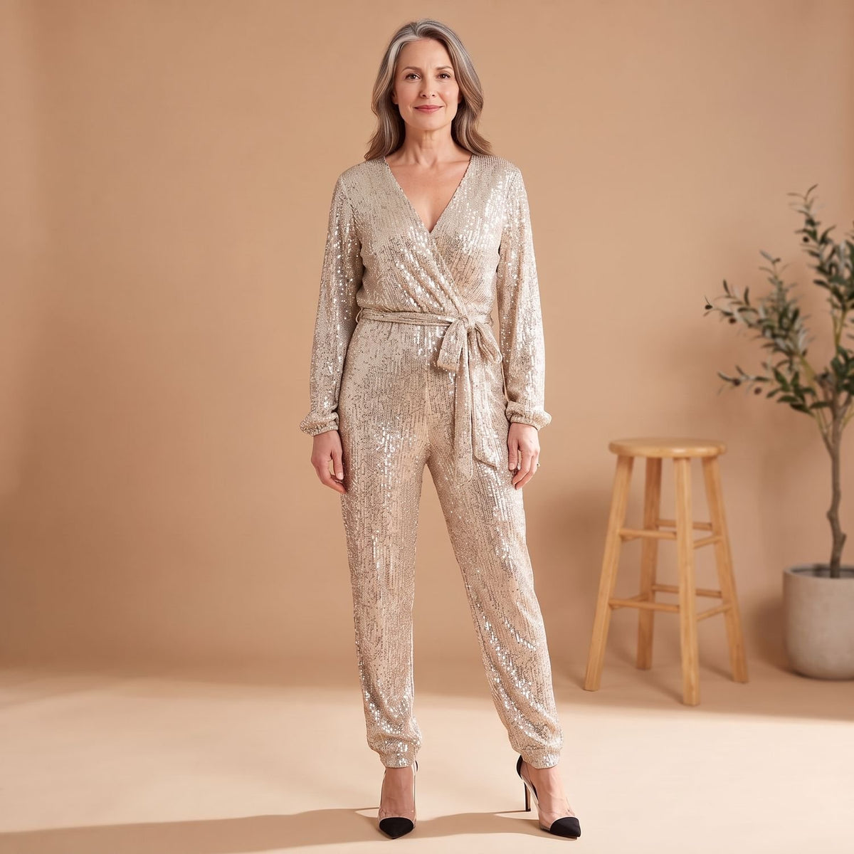Women's Sequin V-Neck Tie-Waist Long-Sleeve Jumpsuit - Light Gold