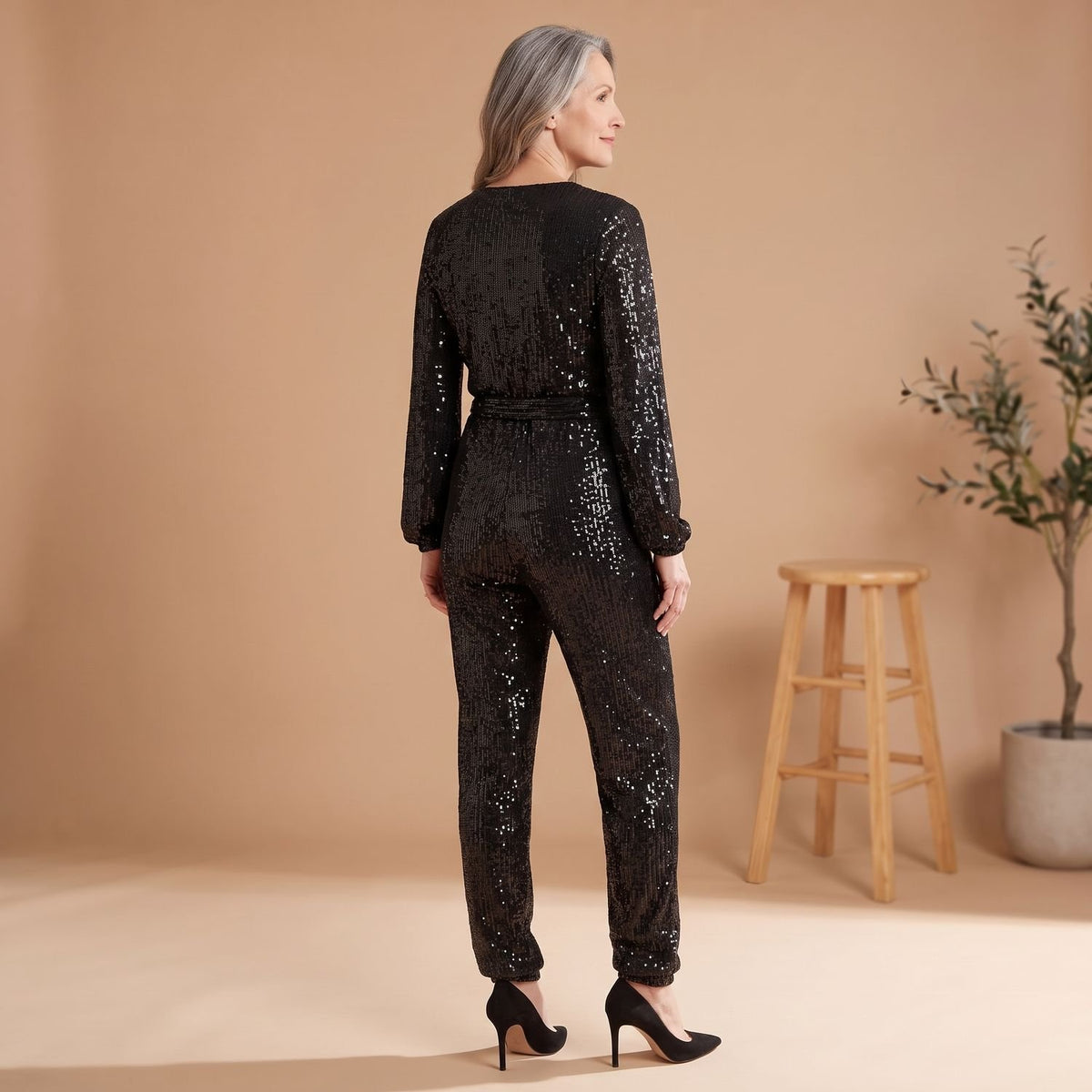 Women's Sequin V-Neck Tie-Waist Long-Sleeve Jumpsuit - Black