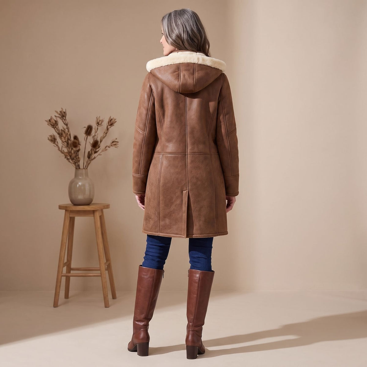 Women's Shearling-Lined Faux Suede Toggle-Fastening Winter Coat