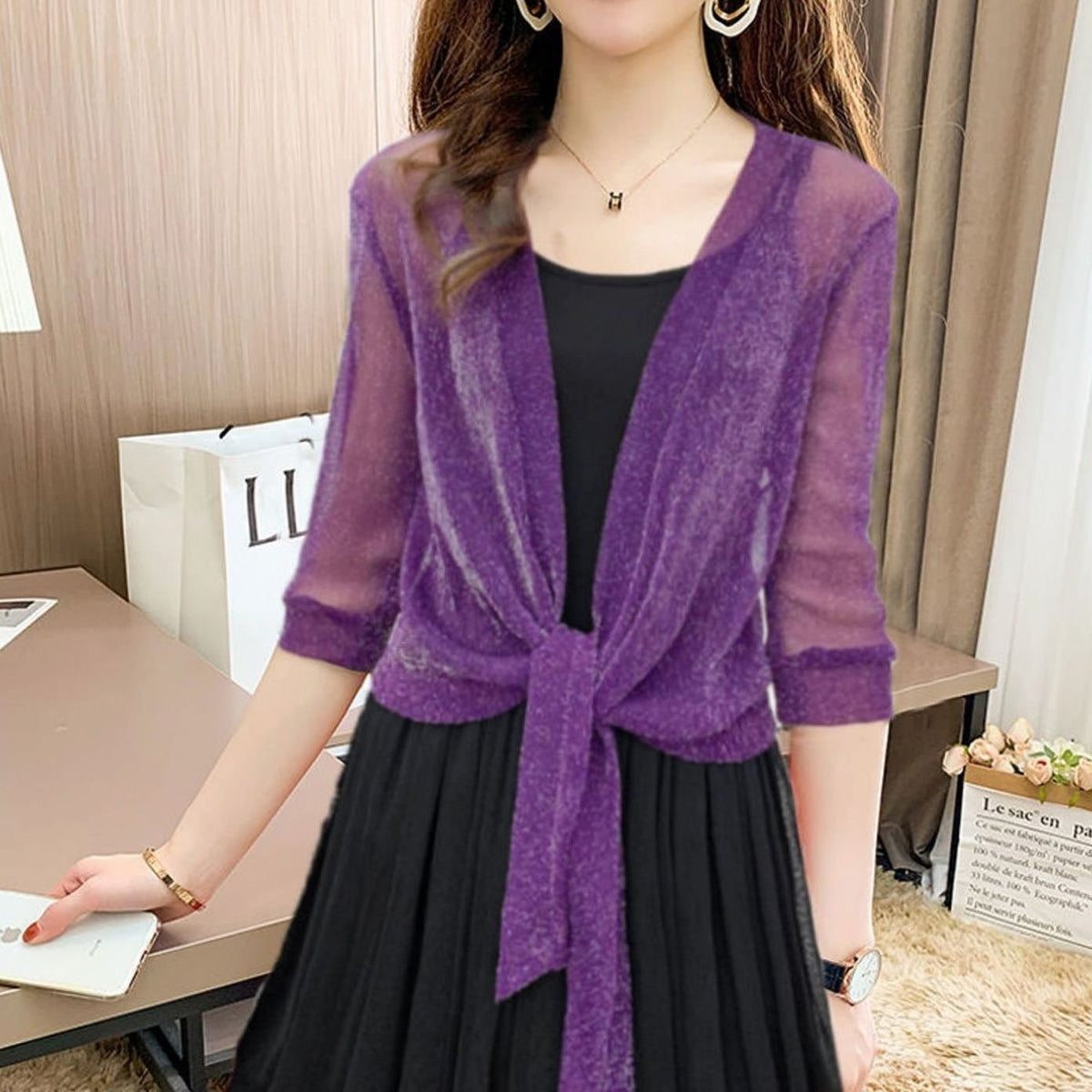 Women's Sheer Chiffon Tie-Front Open Cardigan - Lilac