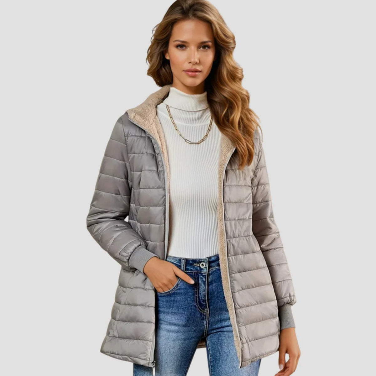 Women's Sherpa-Lined Hooded Puffer Winter Coat - Gray