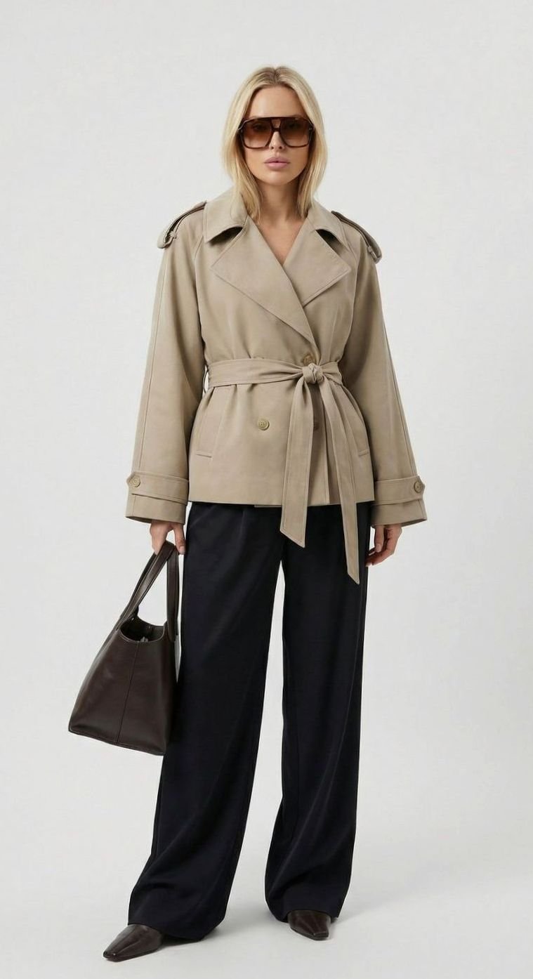 Women's Short Belted Khaki Trench Coat Cropped Double-Breasted - Light Beige