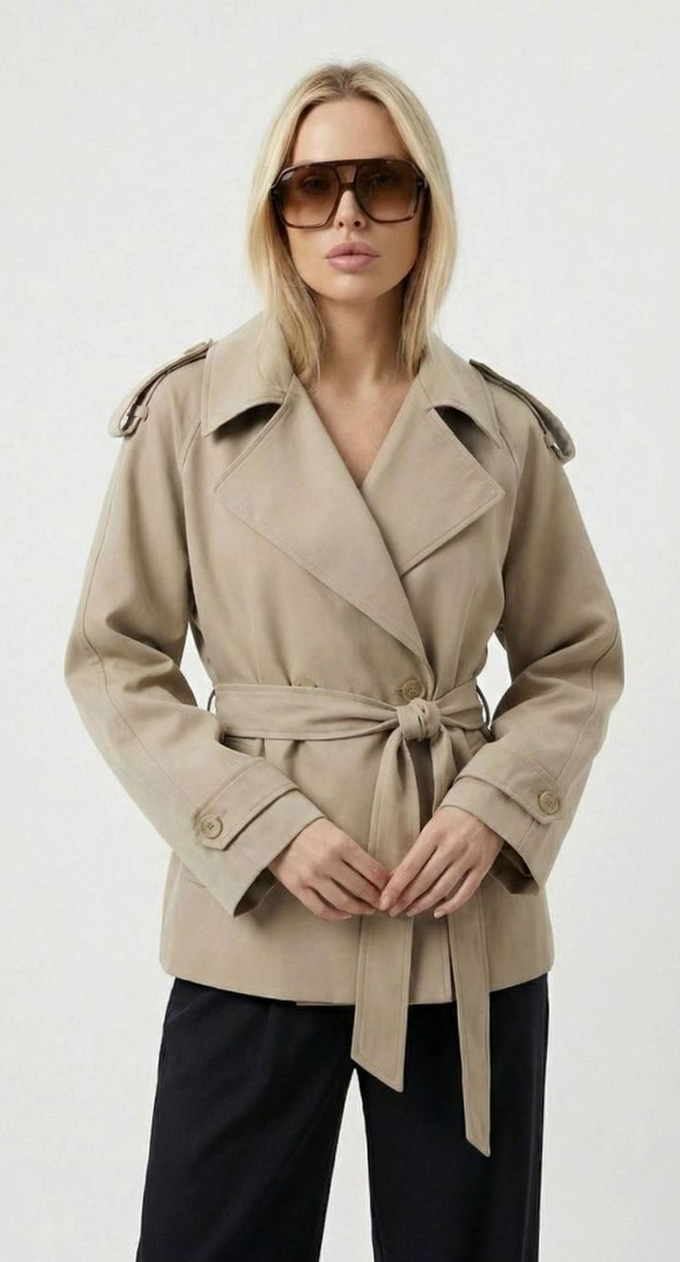 Women's Short Belted Khaki Trench Coat Cropped Double-Breasted