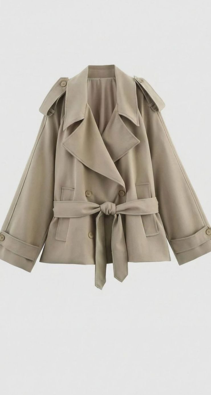 Women's Short Belted Khaki Trench Coat Cropped Double-Breasted