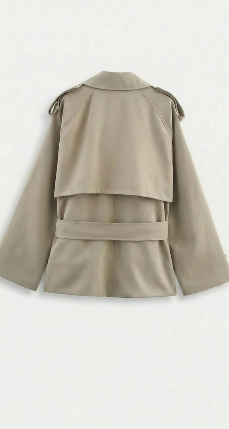 Women's Short Belted Khaki Trench Coat Cropped Double-Breasted