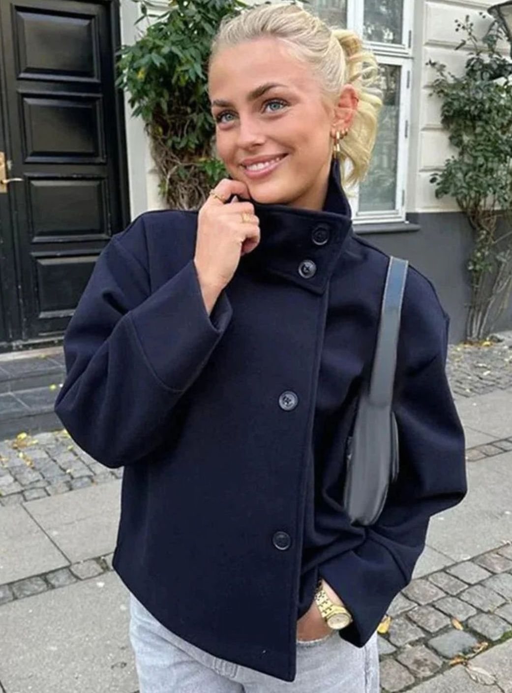 Women's Short Button-Up High-Collar Wool Coat - Dark Blue