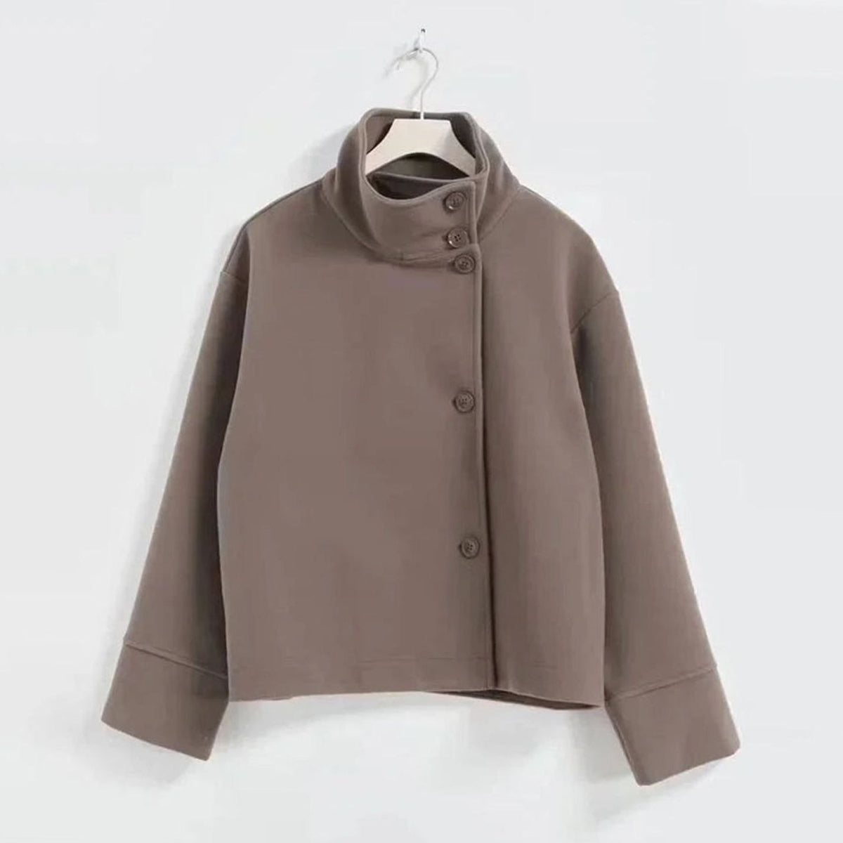 Women's Short Button-Up High-Collar Wool Coat - Coffee