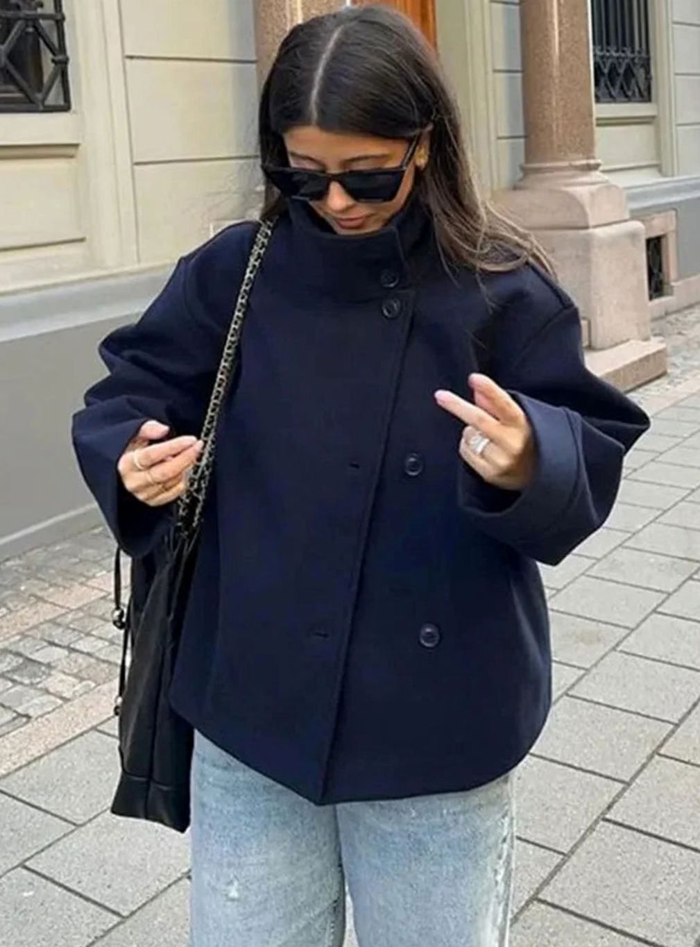 Women's Short Button-Up High-Collar Wool Coat