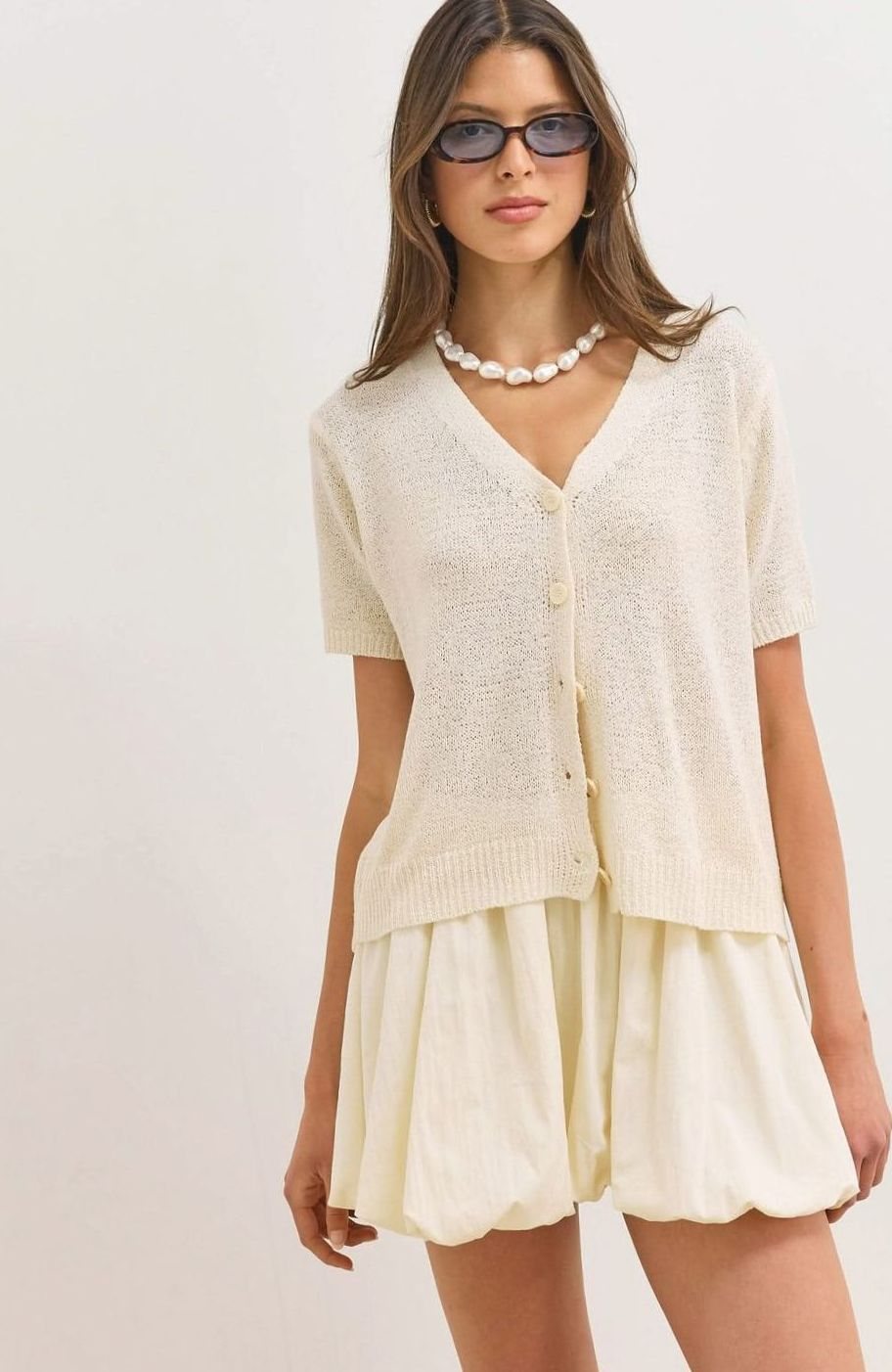Women's Short-Sleeve V-Neck Button-Up Knit Cardigan