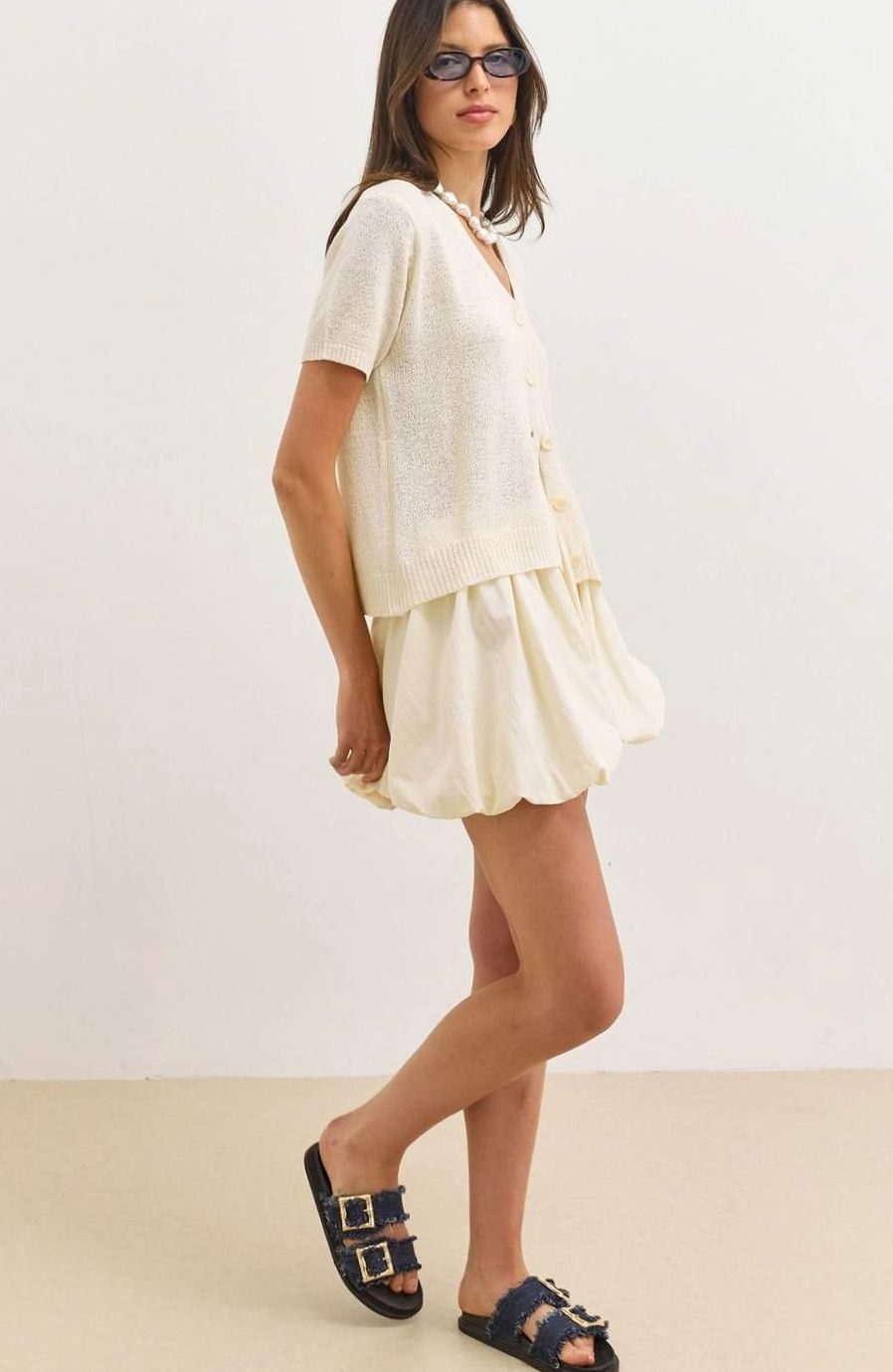 Women's Short-Sleeve V-Neck Button-Up Knit Cardigan