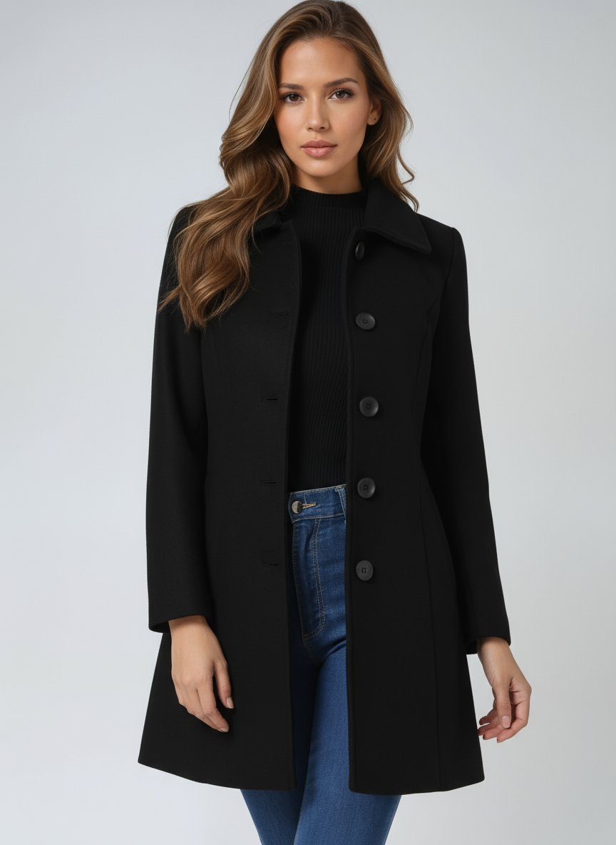 Women's Single-Breasted Structured Winter Trench Coat - Black