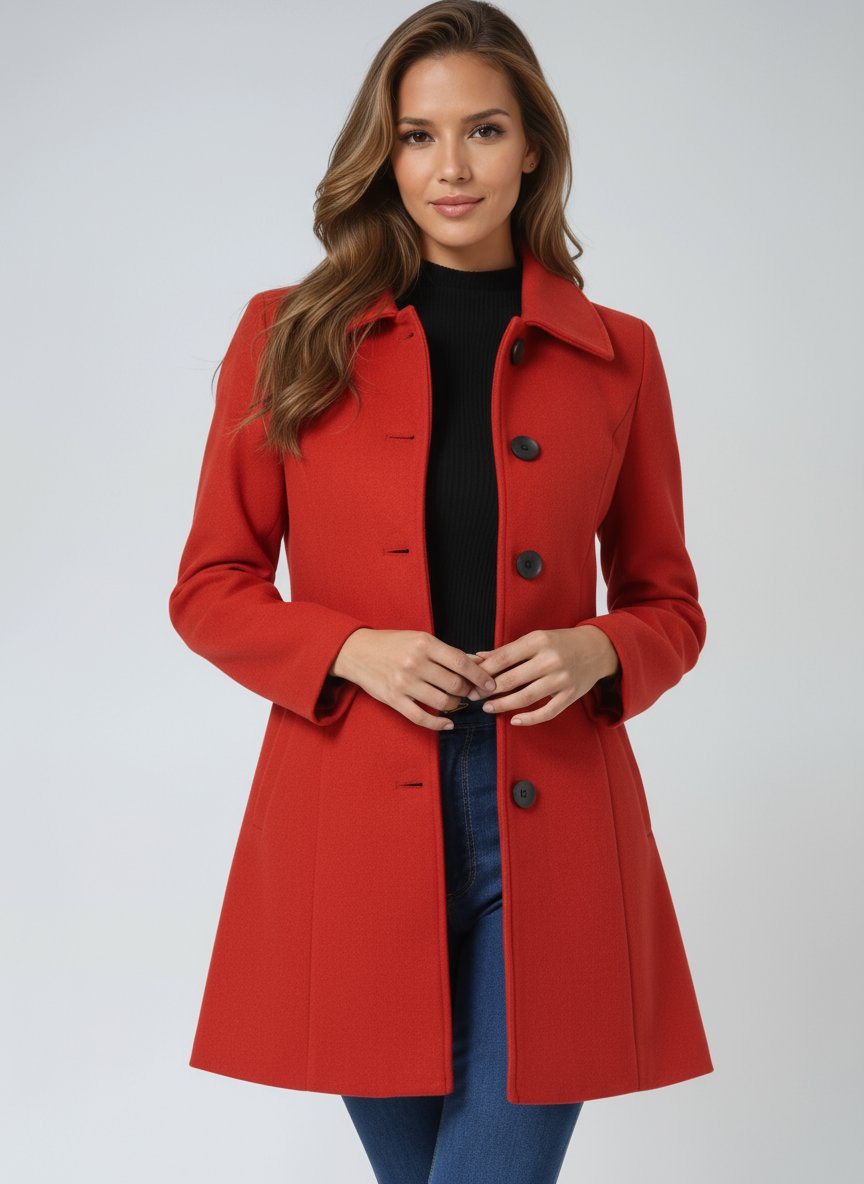 Women's Single-Breasted Structured Winter Trench Coat - Red