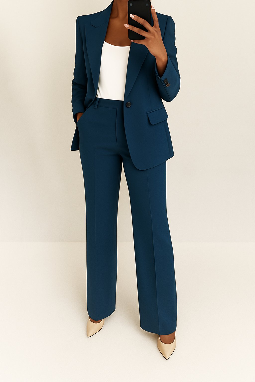 Women's Single-Button Straight-Leg Two-Piece Tailored Suit - Navy Blue