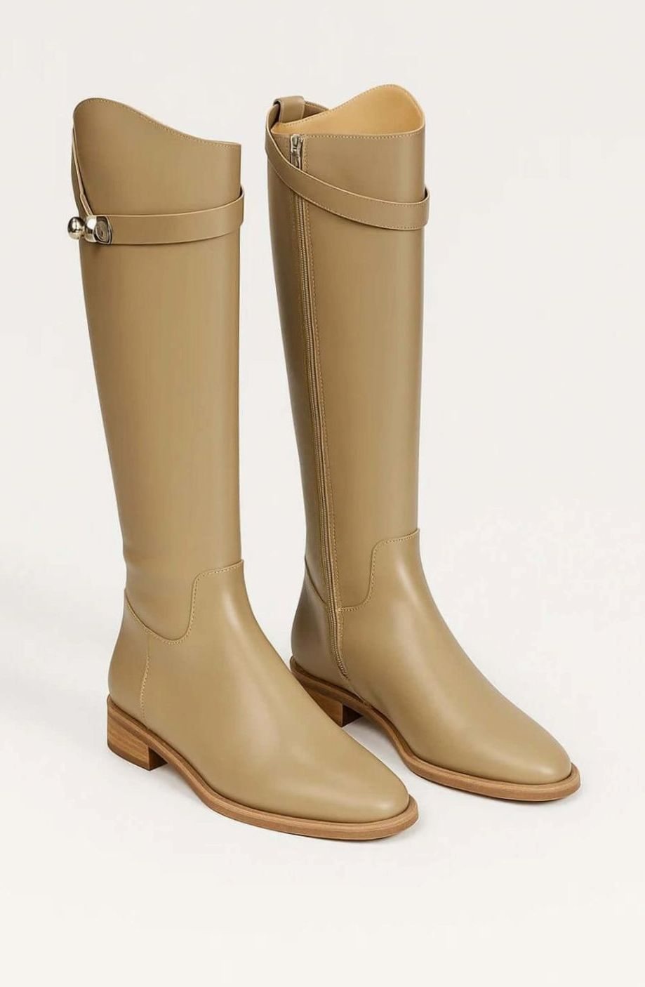 Women's Sleek Knee-High Riding Boots Buckle Detail - Beige