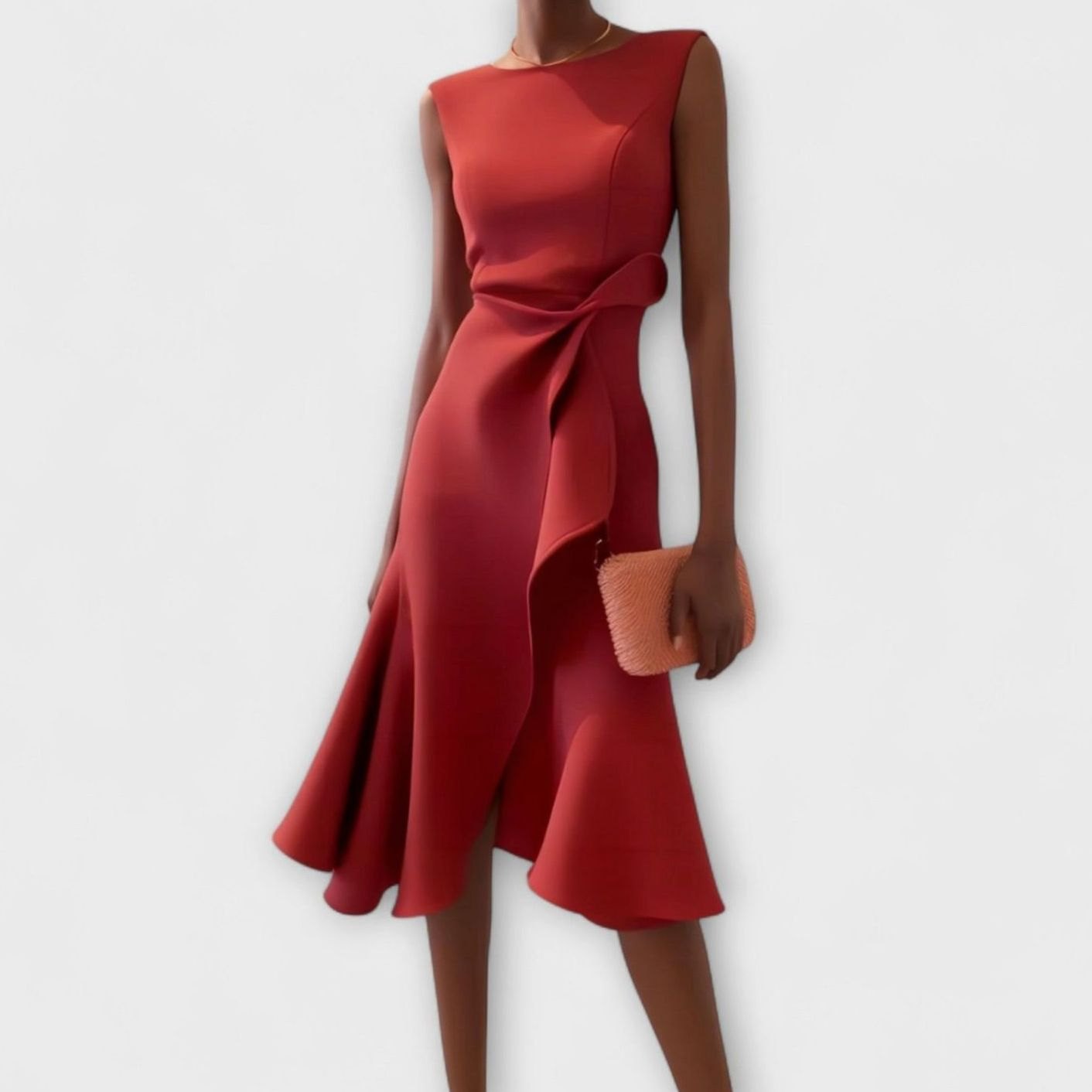 Women's Sleeveless Asymmetric Draped Flared Midi Dress - Red