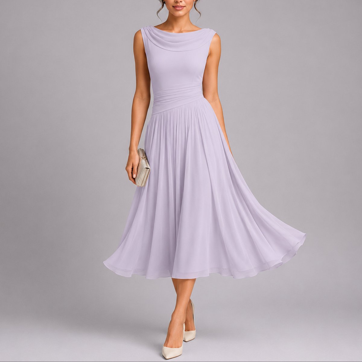 Women's Sleeveless Cowl-Neck Pleated Chiffon Midi Dress - Purple
